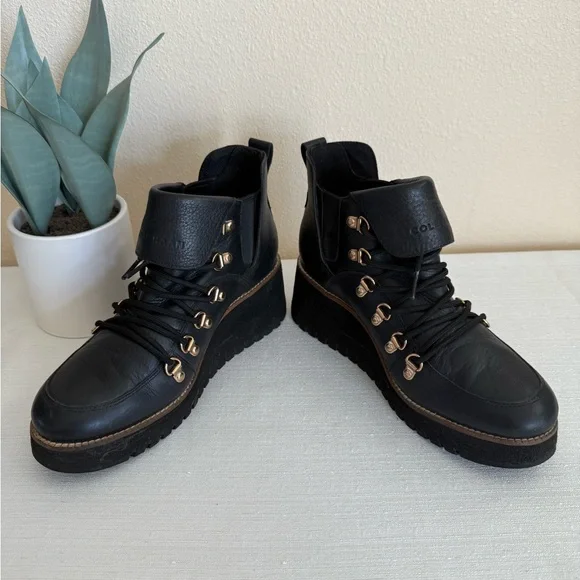 Cole Haan Black Leather Lace Up Wedge Waterproof Ankle Boots - Picture 8 of 11